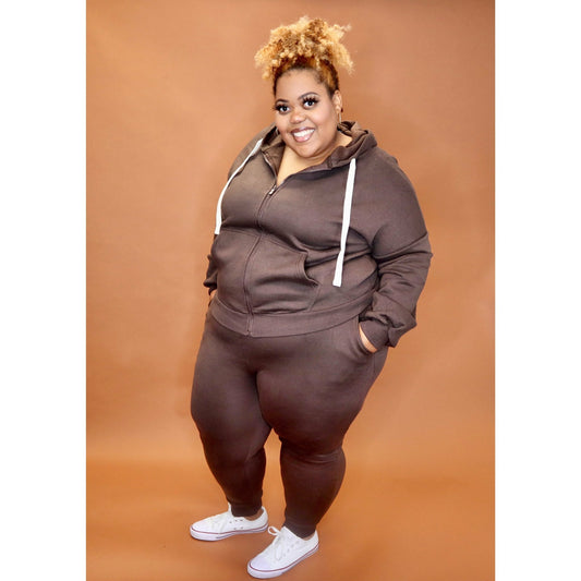 Chocolate Zipper Hoodie Set Curvy - Mad Swanky Kouture