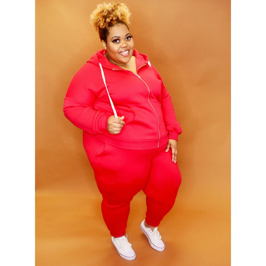 Red Zipper Hoodie Set CURVY - Mad Swanky Kouture