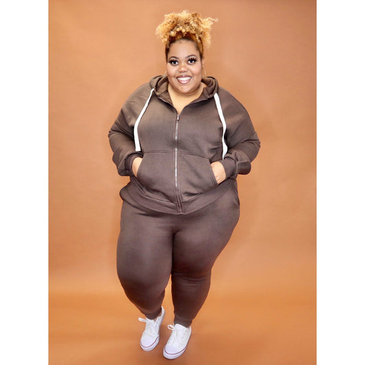 Chocolate Zipper Hoodie Set Curvy - Mad Swanky Kouture