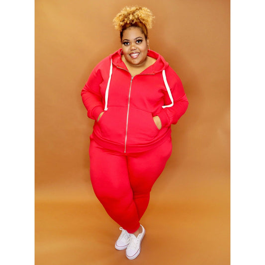Red Zipper Hoodie Set CURVY - Mad Swanky Kouture